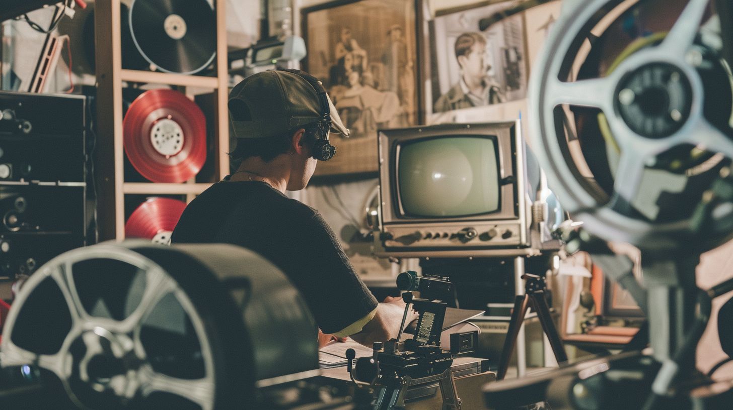 A filmmaker surrounded by vintage cameras and film reels works on a script. A filmmaker surrounded by vintage cameras and film reels works on a script.