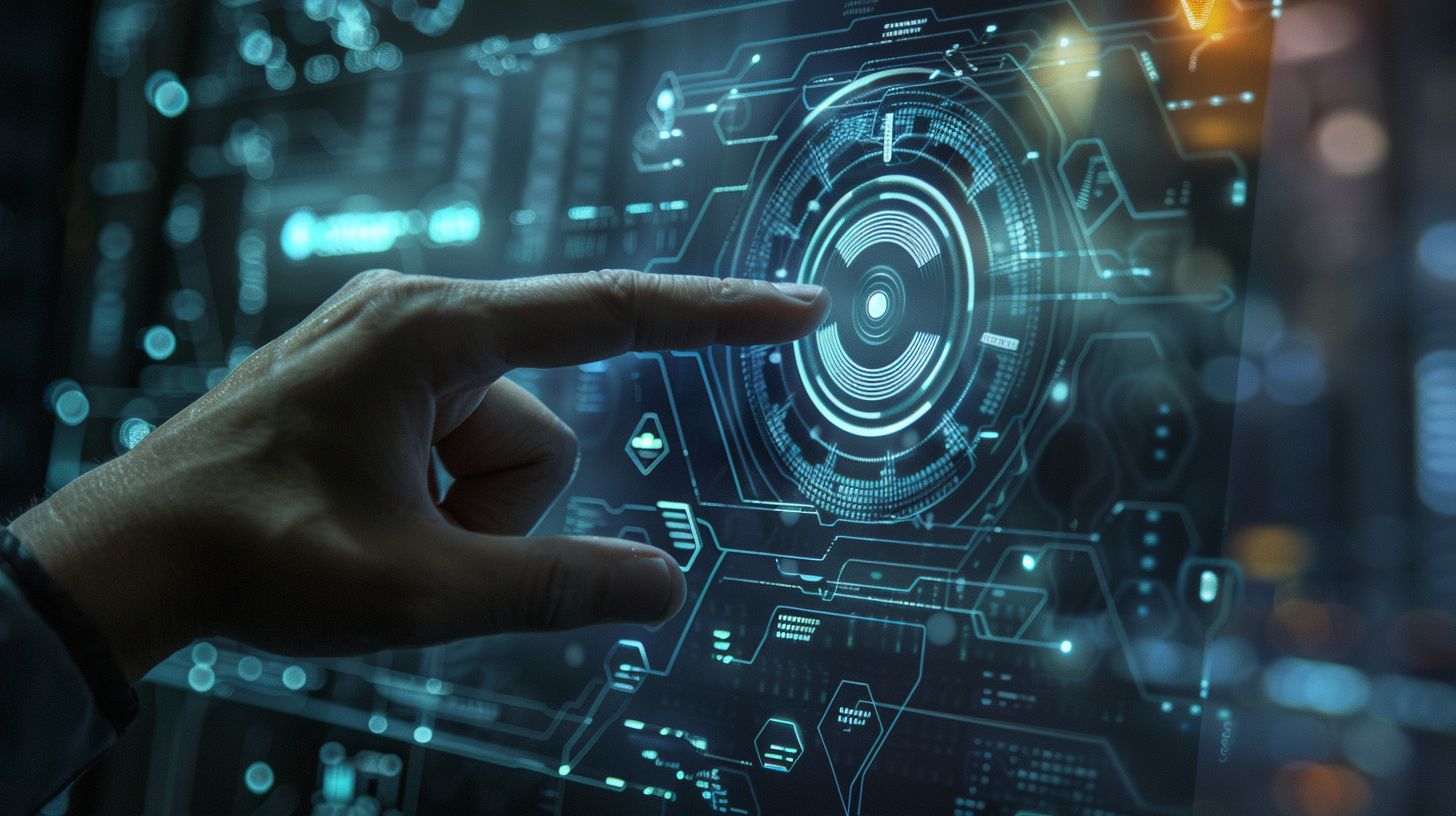 A person using a futuristic gadget with a sleek digital interface. A person using a futuristic gadget with a sleek digital interface.