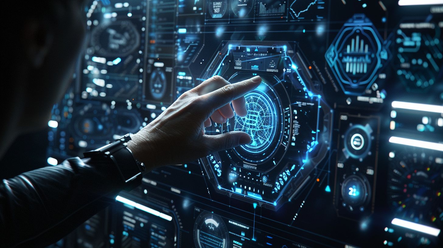 A person using a futuristic gadget with a sleek digital interface. A person using a futuristic gadget with a sleek digital interface.