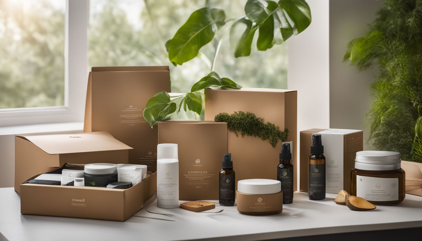 A variety of eco-friendly products surrounded by sustainable materials and nature.