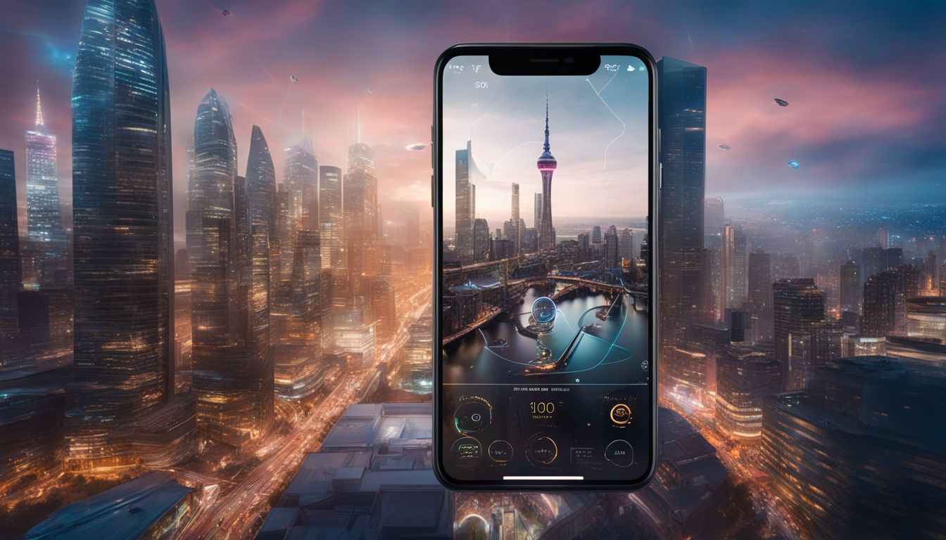 An interactive mobile app interface with diverse virtual characters in a futuristic cityscape. An interactive mobile app interface with diverse virtual characters in a futuristic cityscape.