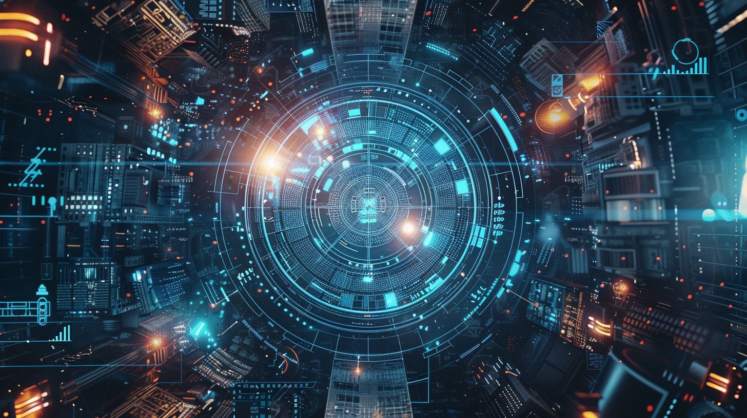 An abstract digital interface surrounded by modern technology gadgets in aerial photography. An abstract digital interface surrounded by modern technology gadgets in aerial photography.