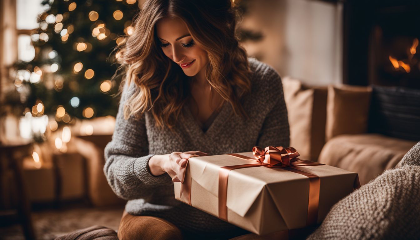 A person opening a beautifully wrapped gift in a cozy living room. A person opening a beautifully wrapped gift in a cozy living room.