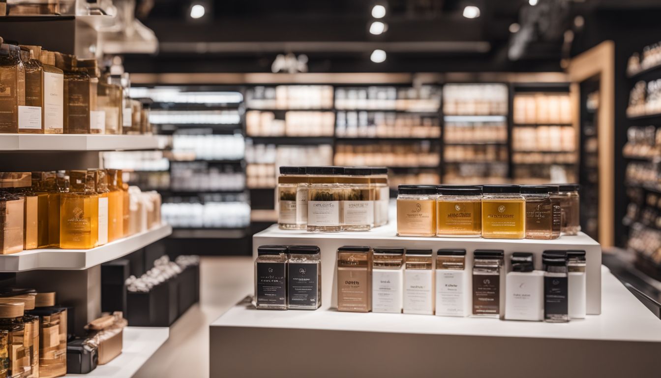 A minimalistic and elegant packaging design displayed on a store shelf.