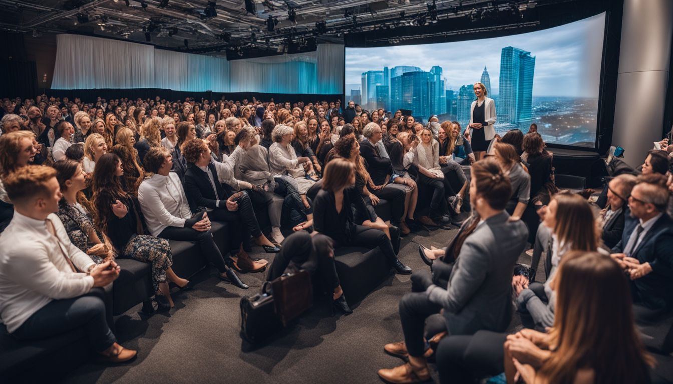 A professional woman speaking at a diverse city conference. A professional woman speaking at a diverse city conference.