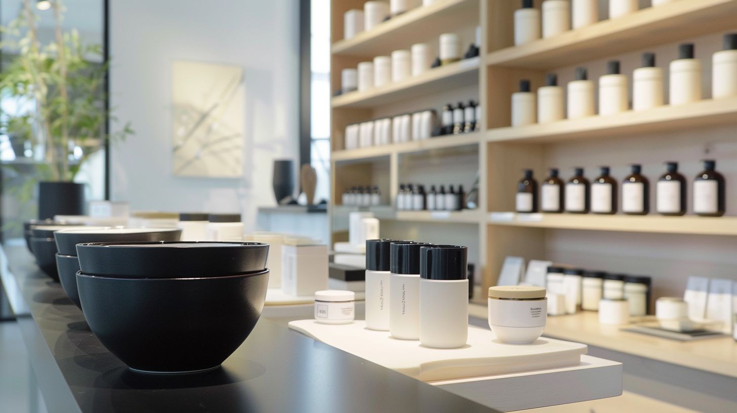 A modern, minimalist product display in an elegantly branded showroom.