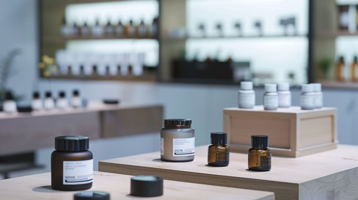 A modern, minimalist product display in an elegantly branded showroom.