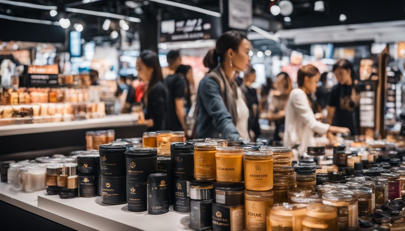 A branded product displayed in a crowded marketplace with diverse people. A branded product displayed in a crowded marketplace with diverse people.
