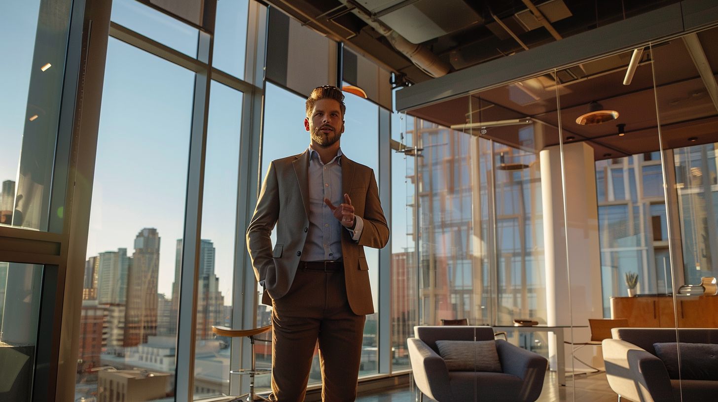 A professional confidently presenting work in a modern urban office. A professional confidently presenting work in a modern urban office.