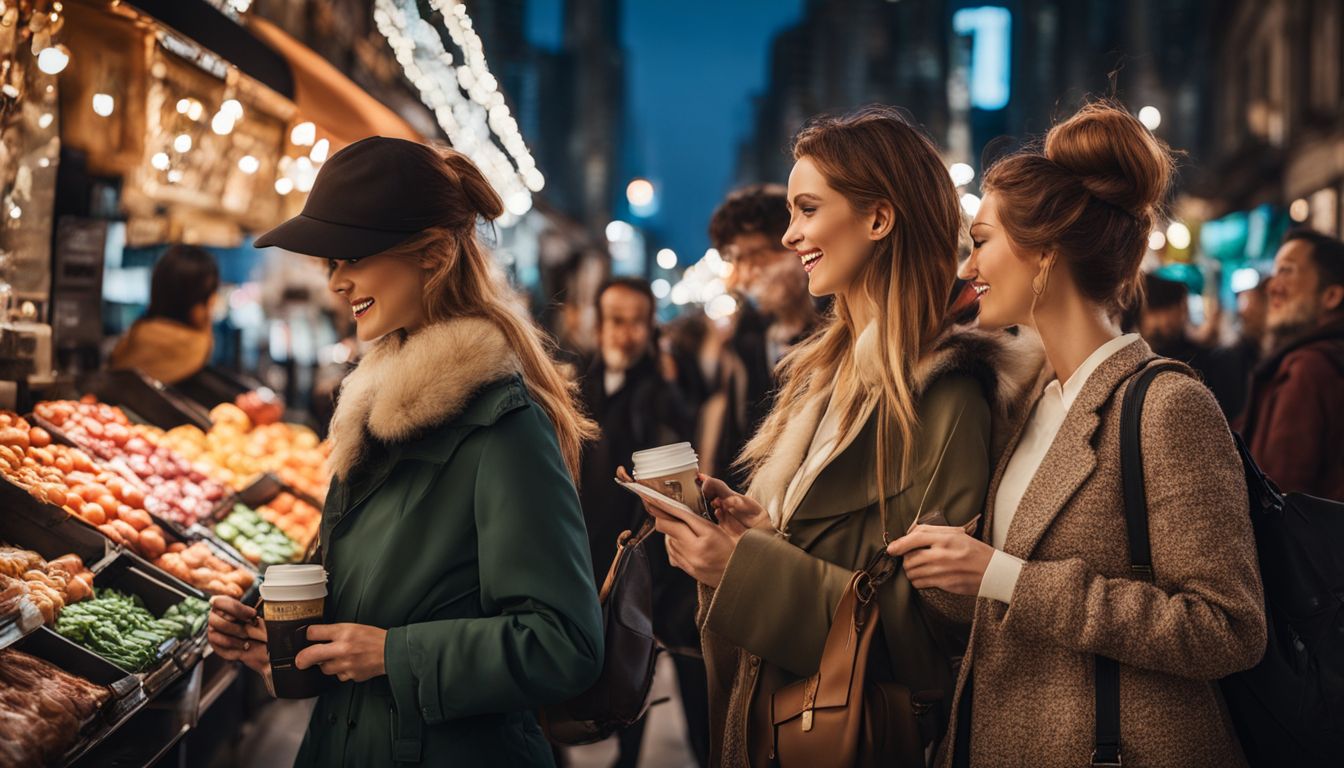 A diverse group of people in a vibrant city, interacting with a brand's products. A diverse group of people in a vibrant city, interacting with a brand's products.