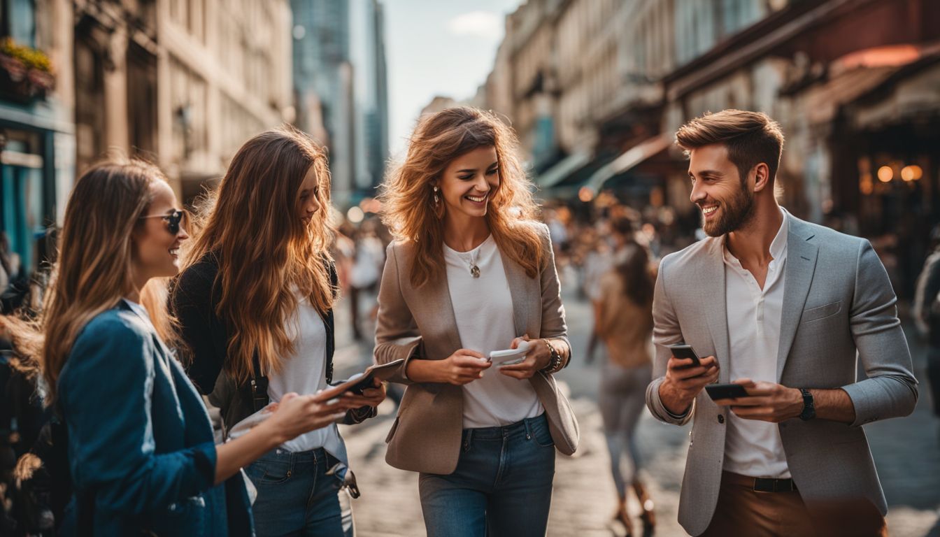 A diverse group of people engaging with a brand's social media content in an urban setting. A diverse group of people engaging with a brand's social media content in an urban setting.