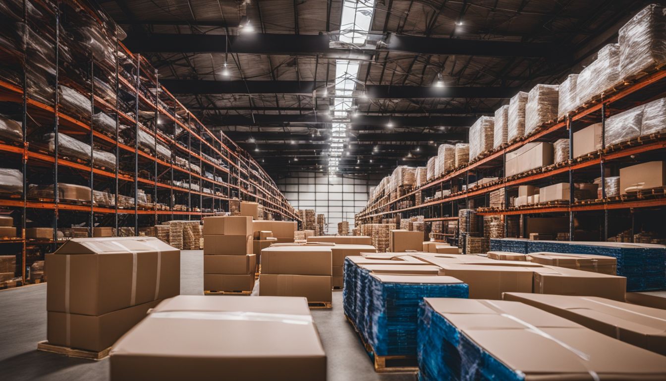 An industrial warehouse with eco-friendly packaging materials and a bustling atmosphere. An industrial warehouse with eco-friendly packaging materials and a bustling atmosphere.