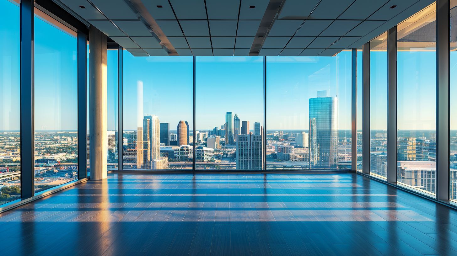 A modern corporate office with a skyline view in a cityscape. A modern corporate office with a skyline view in a cityscape.