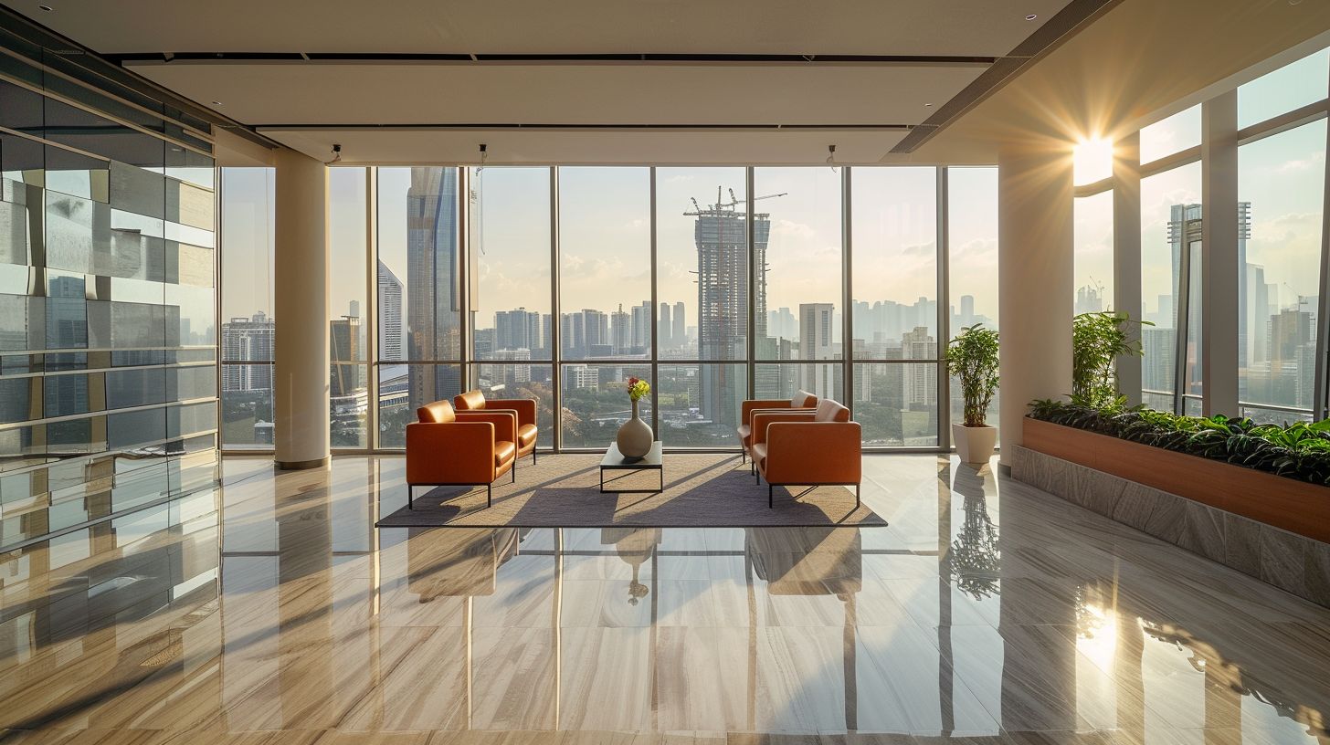 A modern corporate office with a skyline view in a cityscape. A modern corporate office with a skyline view in a cityscape.