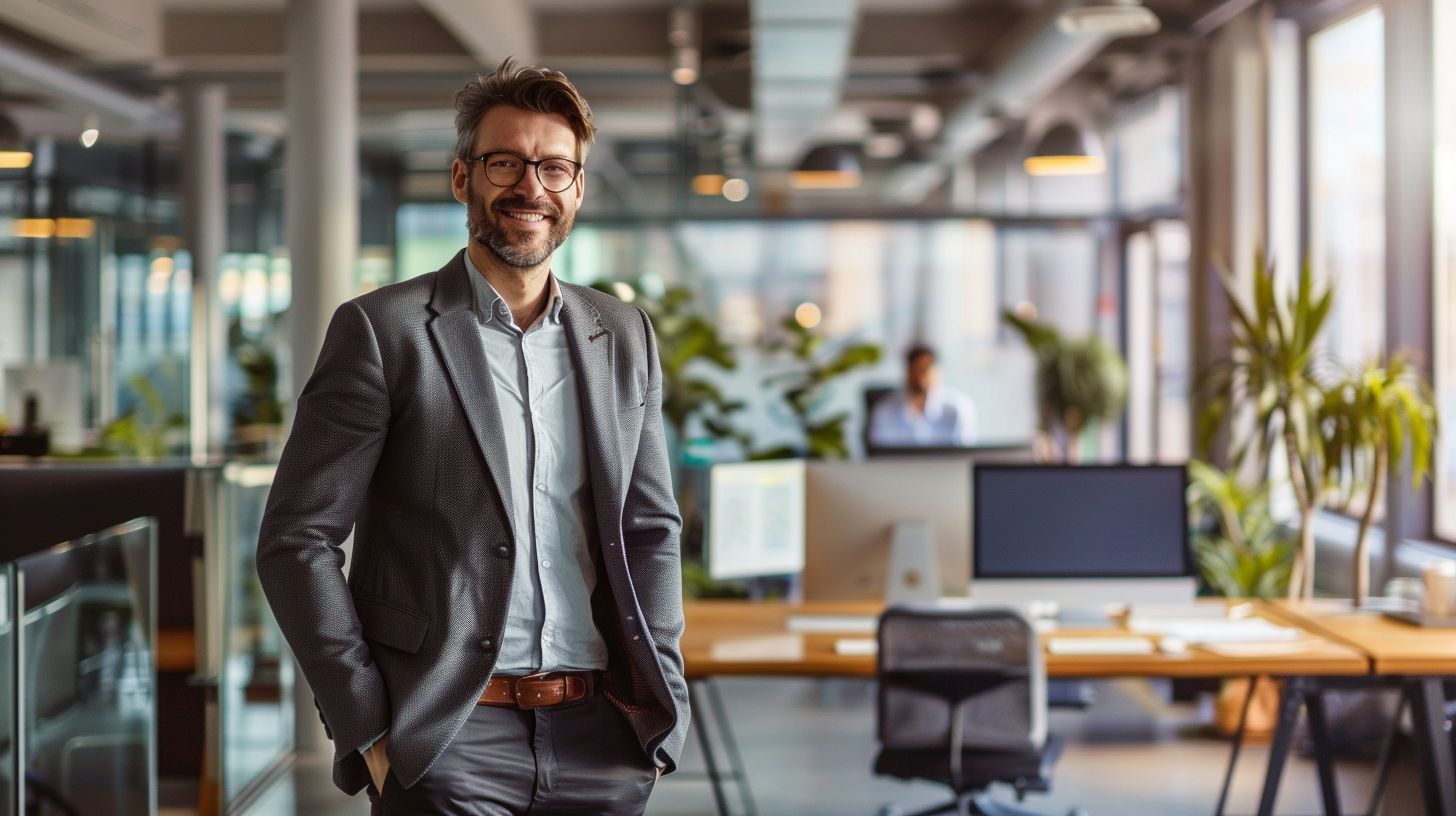 A confident professional in a modern office space with a cityscape backdrop. A confident professional in a modern office space with a cityscape backdrop.