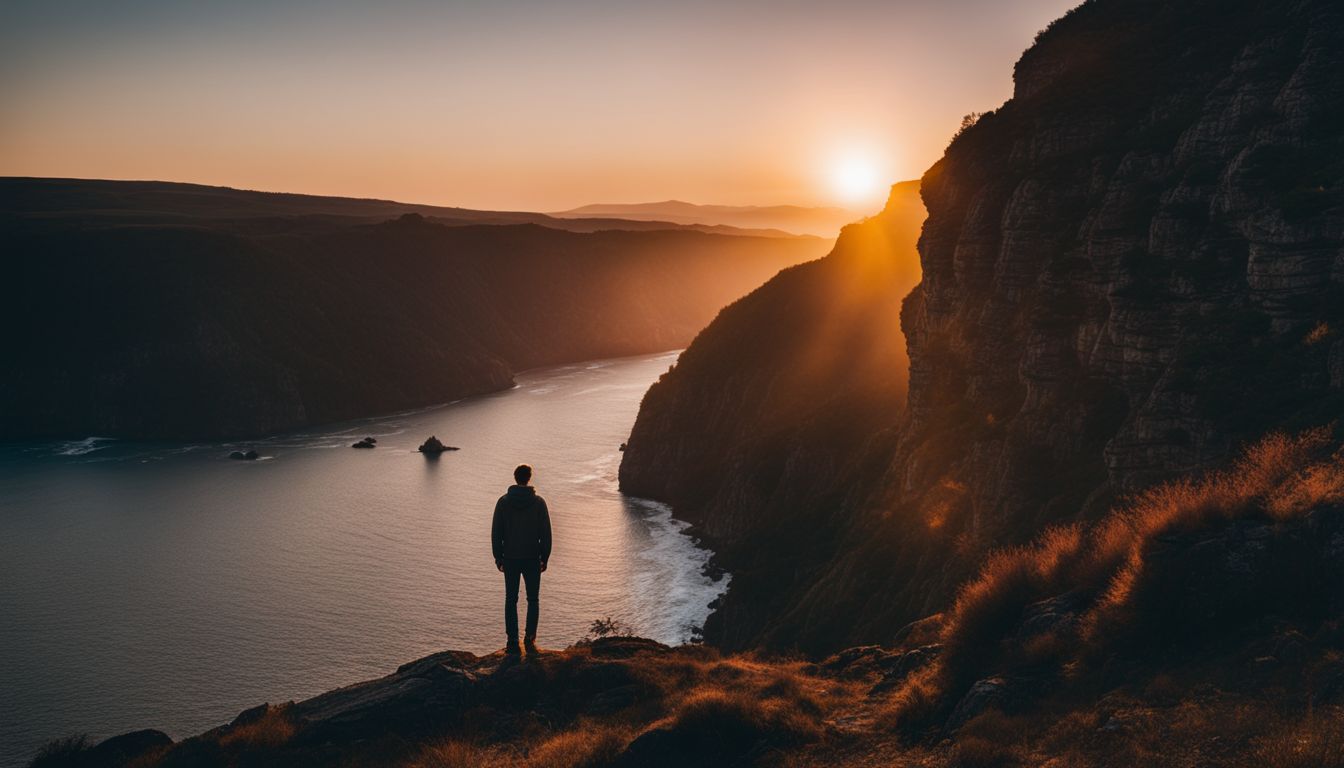 A lone figure stands at the edge of a cliff at sunset. A lone figure stands at the edge of a cliff at sunset.
