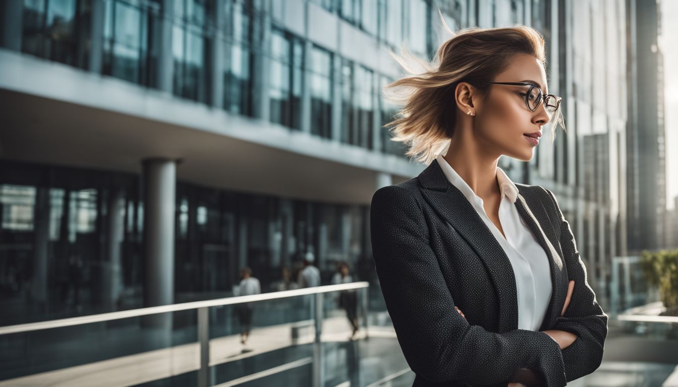 A confident businesswoman in a modern office building.