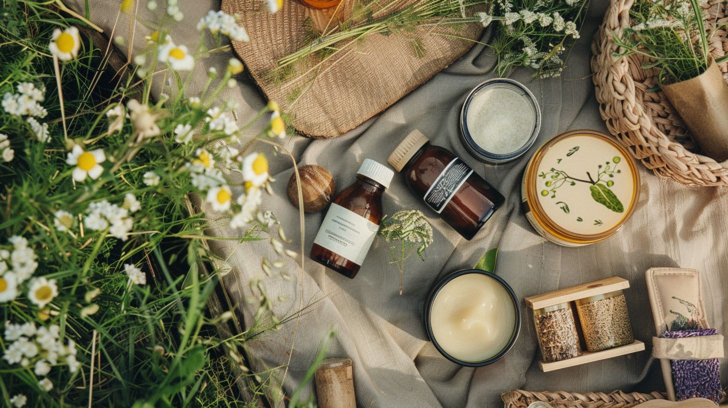 Sustainably sourced products arranged in a natural environment.