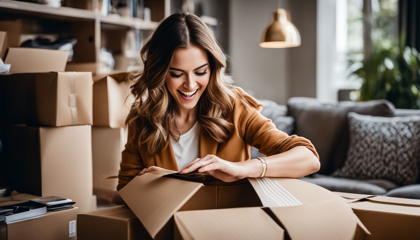 A person eagerly opens ecommerce package with various brand packaging. A person eagerly opens ecommerce package with various brand packaging.