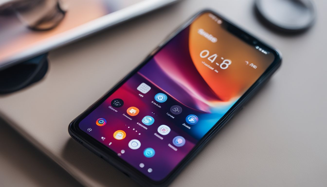 A photo of a smartphone and app interface in a modern setting. A photo of a smartphone and app interface in a modern setting.