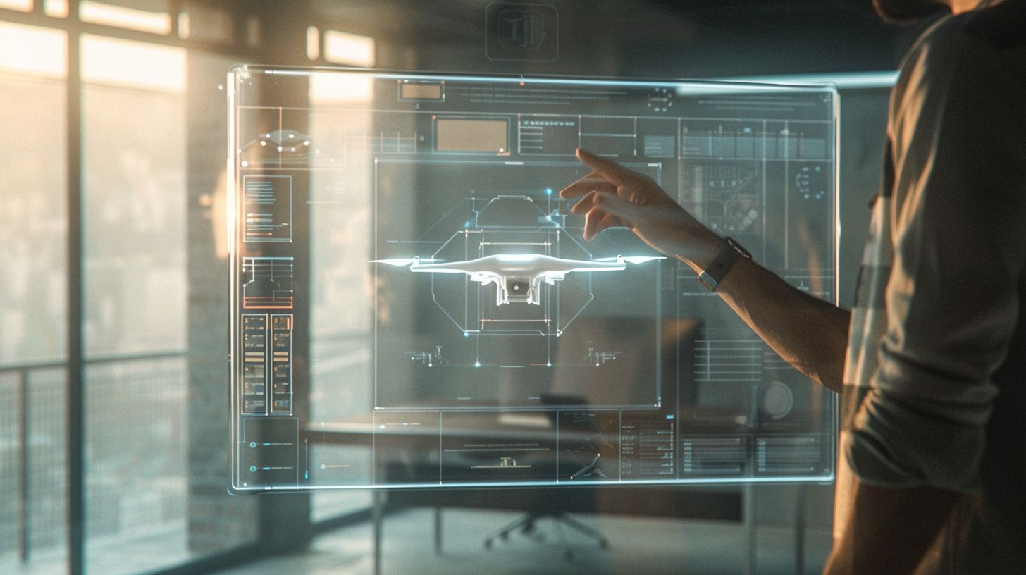A person uses a transparent interface to control a camera drone. A person uses a transparent interface to control a camera drone.