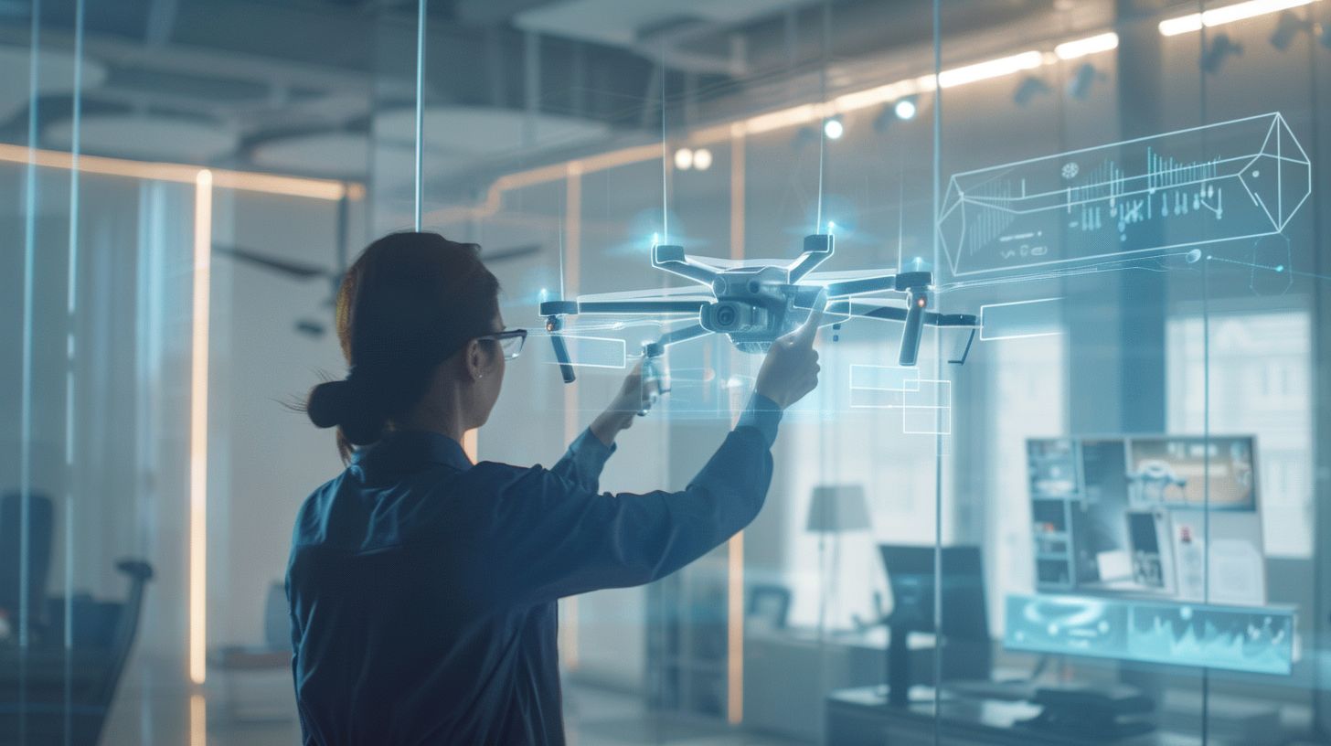 A person uses a transparent interface to control a camera drone. A person uses a transparent interface to control a camera drone.