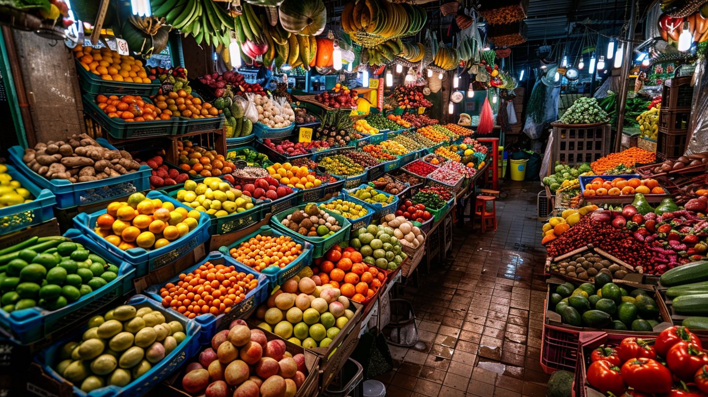 A vibrant display of various fruits and vegetables at a market. A vibrant display of various fruits and vegetables at a market.