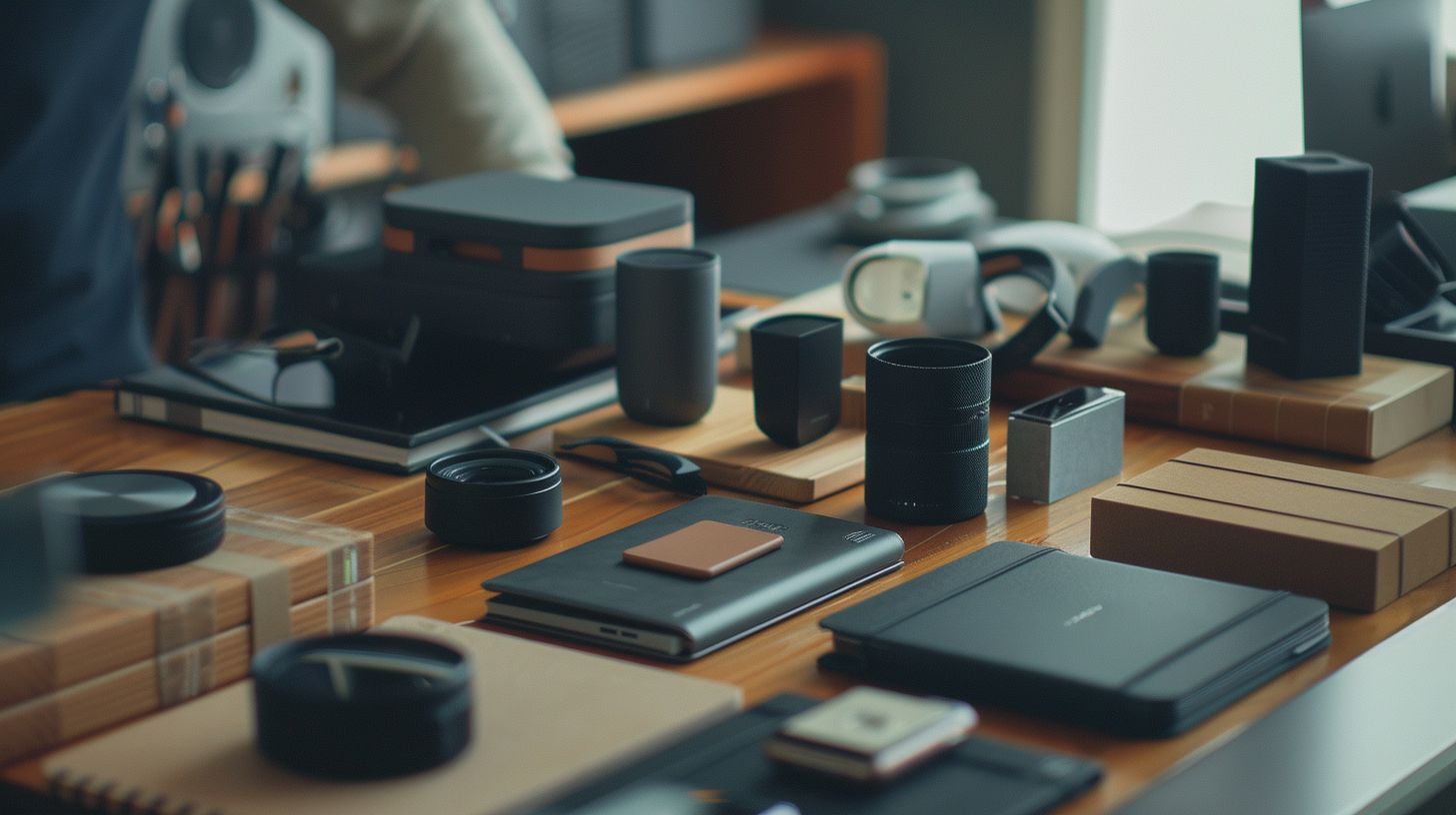 A collection of branded items arranged neatly on a modern desk. A collection of branded items arranged neatly on a modern desk.