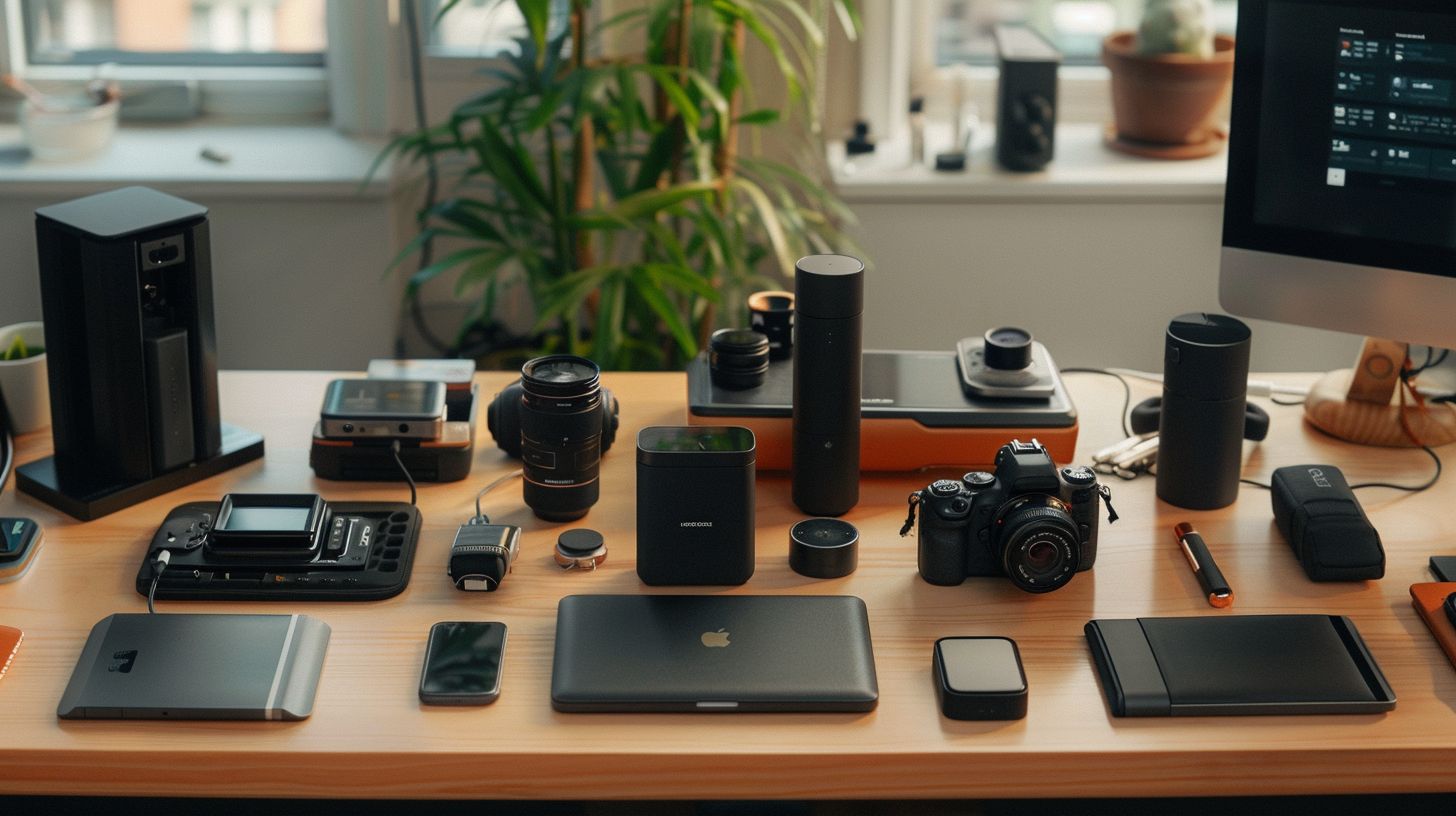A collection of branded items arranged neatly on a modern desk. A collection of branded items arranged neatly on a modern desk.
