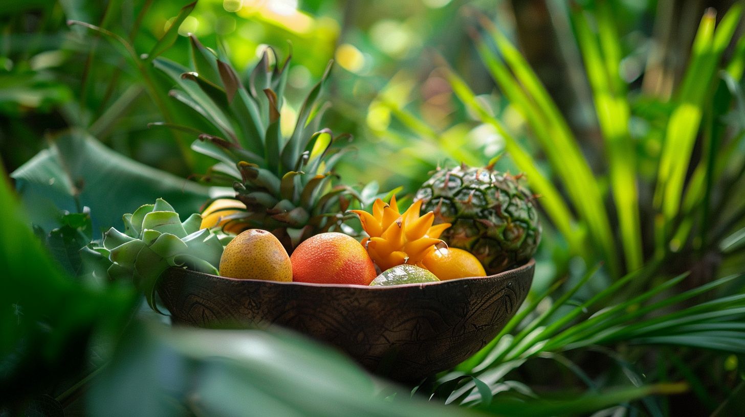 A colorful tropical fruit bowl surrounded by lush green foliage. A colorful tropical fruit bowl surrounded by lush green foliage.