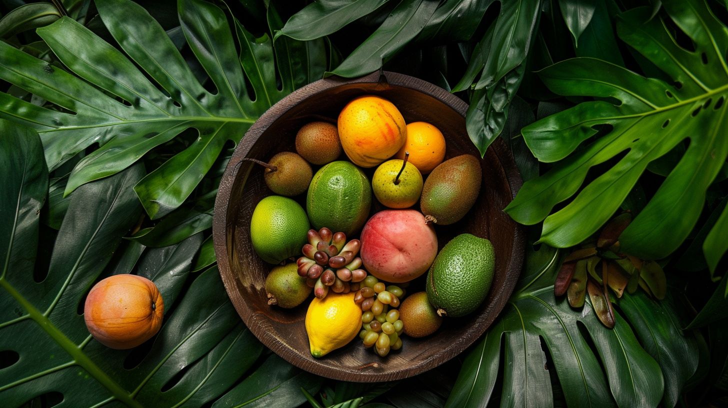 A colorful tropical fruit bowl surrounded by lush green foliage. A colorful tropical fruit bowl surrounded by lush green foliage.