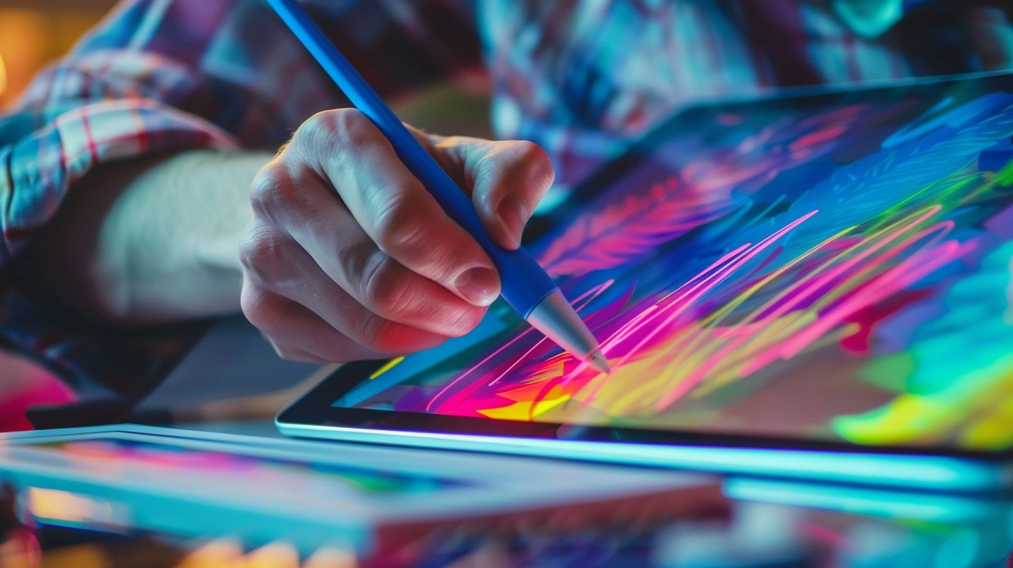 A person sketching a vibrant logo design on a digital tablet. A person sketching a vibrant logo design on a digital tablet.
