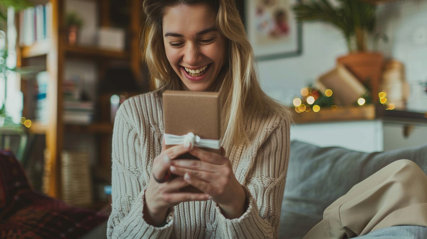 A customer excitedly unboxes a product in lifestyle photography. A customer excitedly unboxes a product in lifestyle photography.