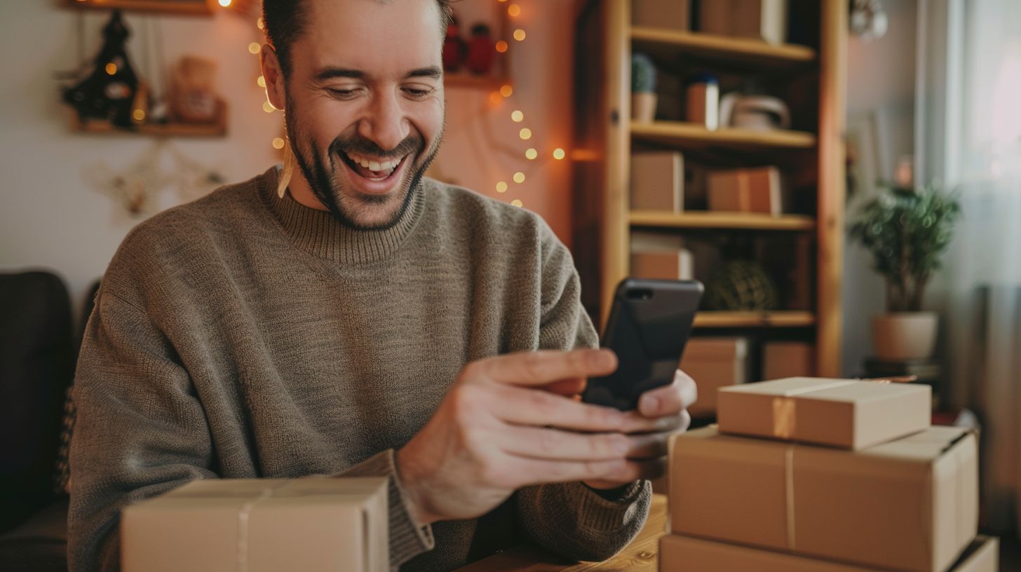 A customer excitedly unboxes a product in lifestyle photography. A customer excitedly unboxes a product in lifestyle photography.
