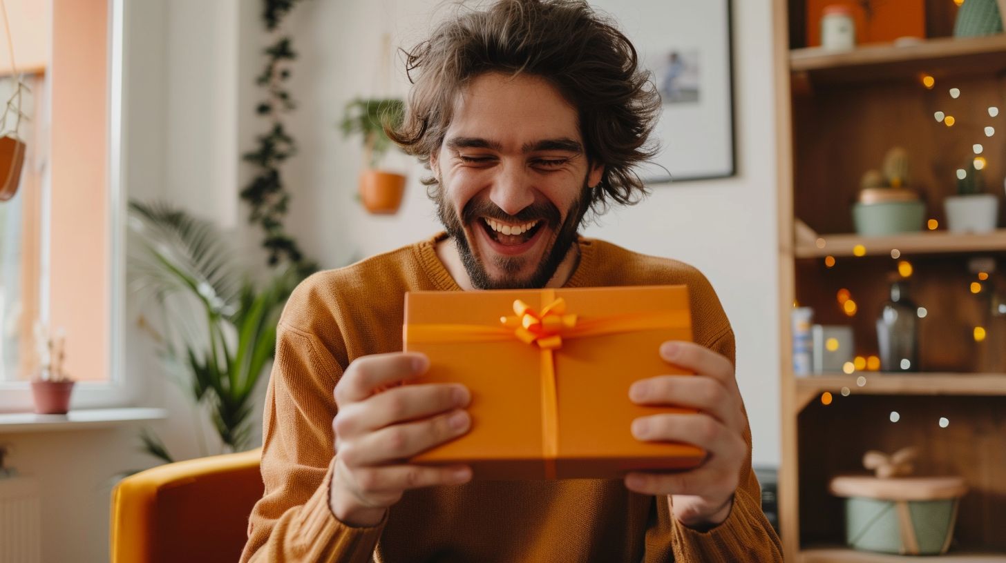 A customer excitedly unboxes a product in lifestyle photography. A customer excitedly unboxes a product in lifestyle photography.