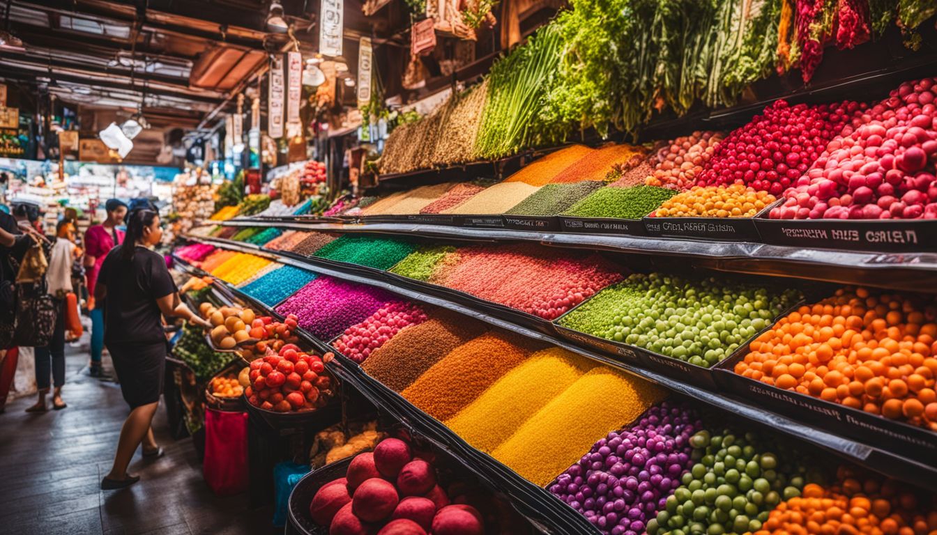 A vibrant product display in a bustling city market with diverse people. A vibrant product display in a bustling city market with diverse people.