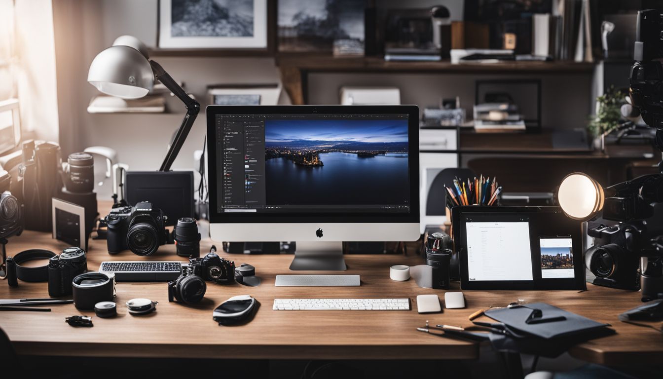 A collection of design tools and photography equipment on a desk. A collection of design tools and photography equipment on a desk.
