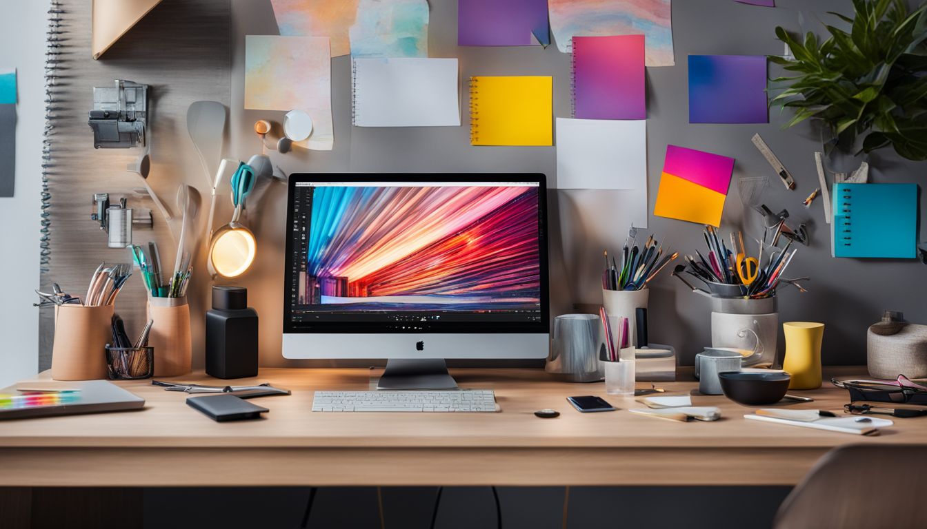 A laptop surrounded by creative tools in a modern office setting. A laptop surrounded by creative tools in a modern office setting.