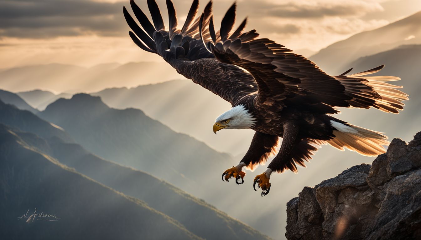 A majestic eagle soars over rugged mountain landscape in wildlife photography.