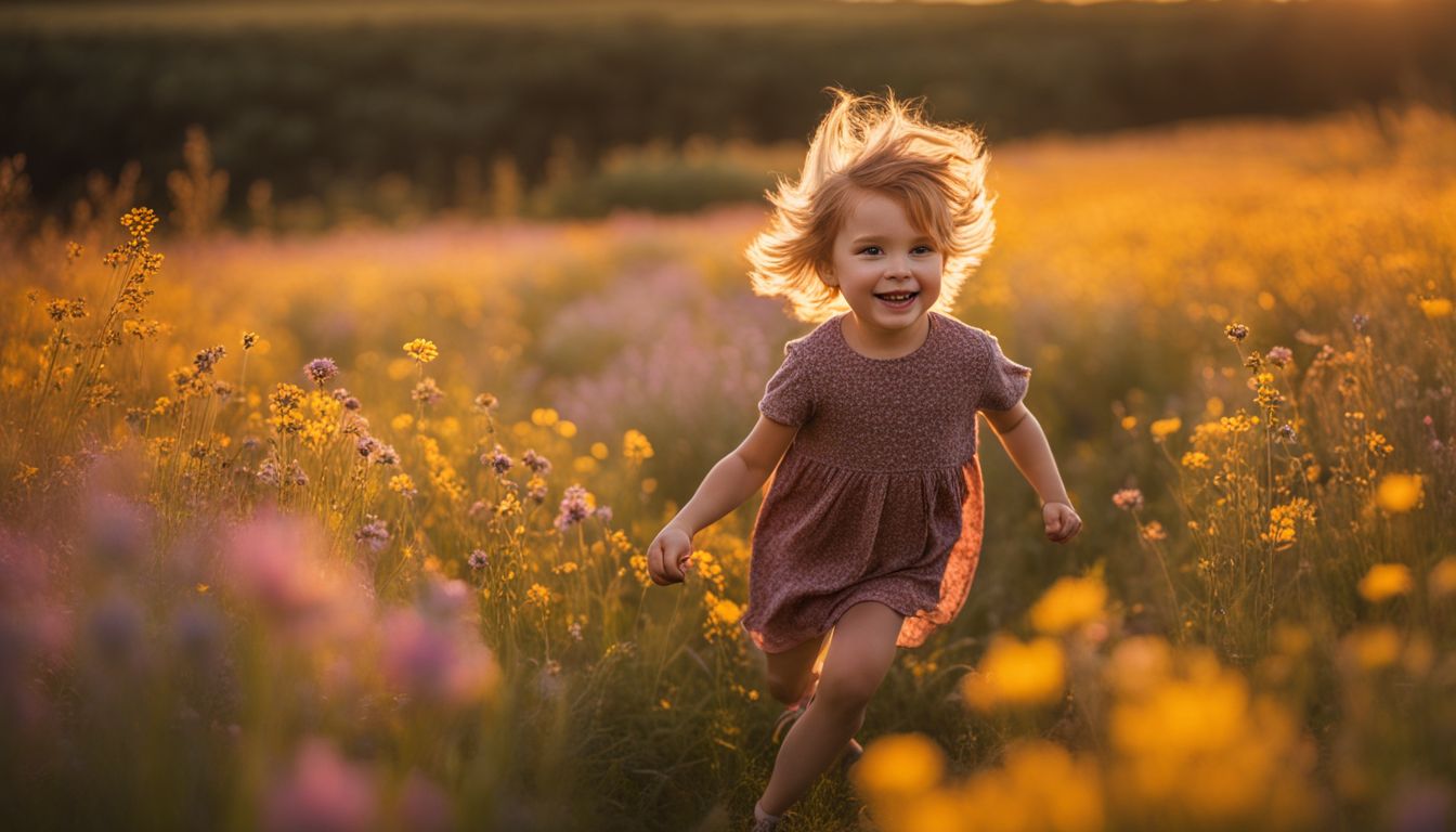 A child running through a field of wildflowers at sunset. A child running through a field of wildflowers at sunset.