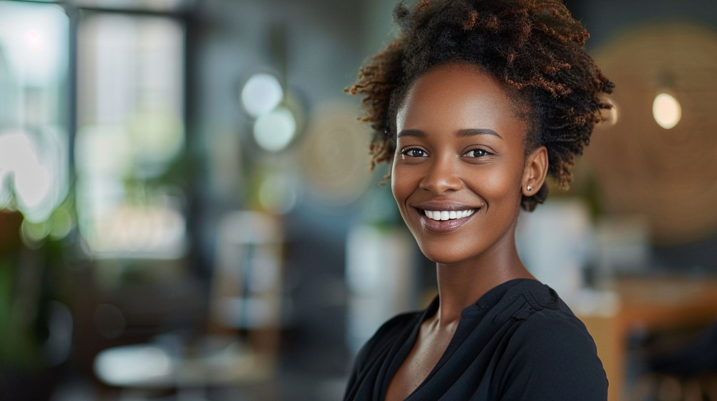A professional woman with a confident smile in a modern office. A professional woman with a confident smile in a modern office.