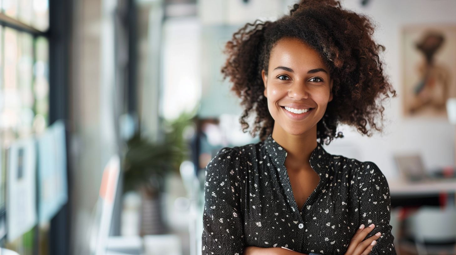 A professional woman with a confident smile in a modern office. A professional woman with a confident smile in a modern office.