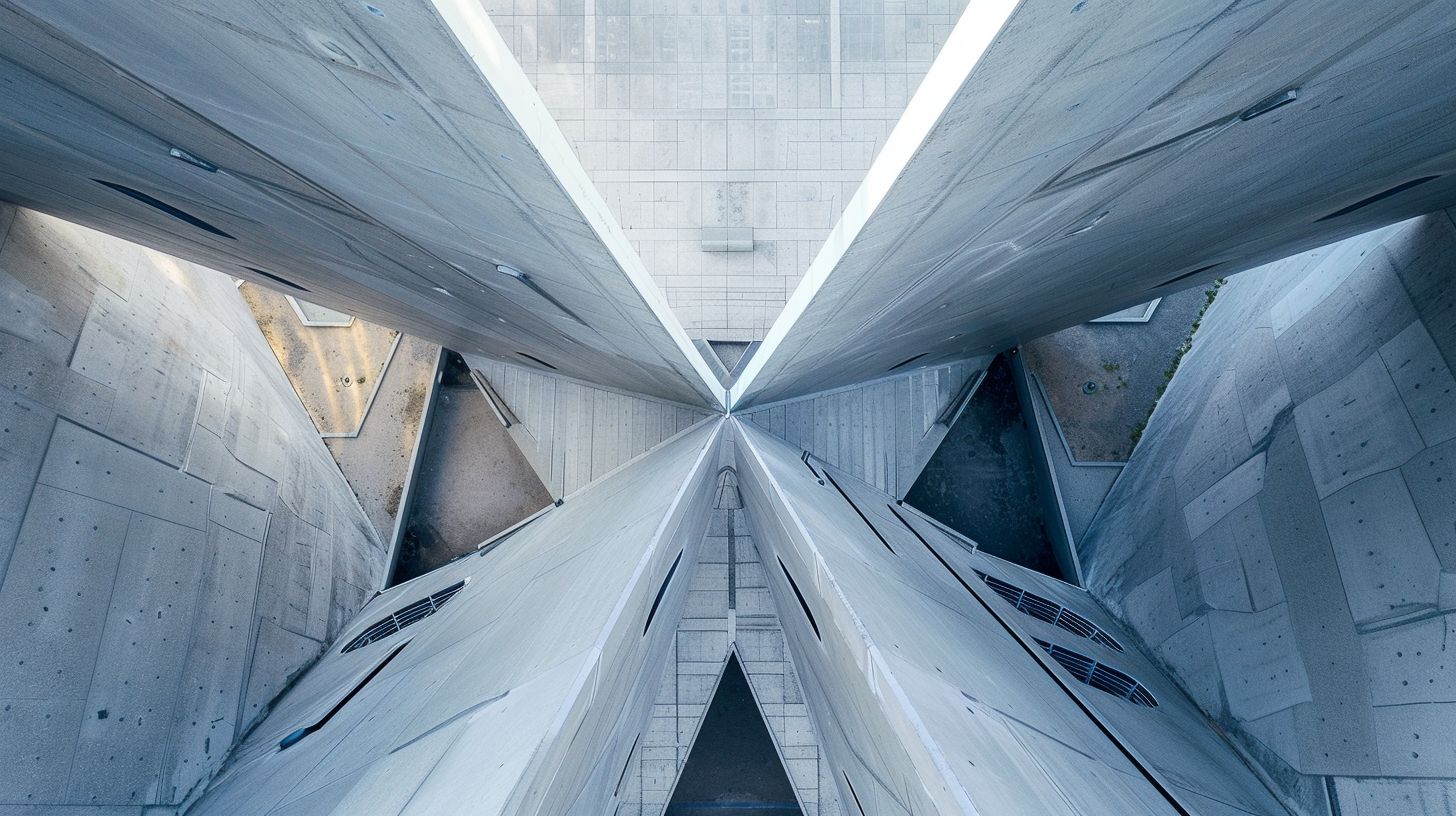 An abstract architectural structure captured with aerial photography using a drone.