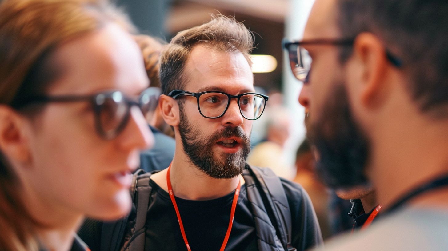 Developers discussing backend frameworks at a tech conference.