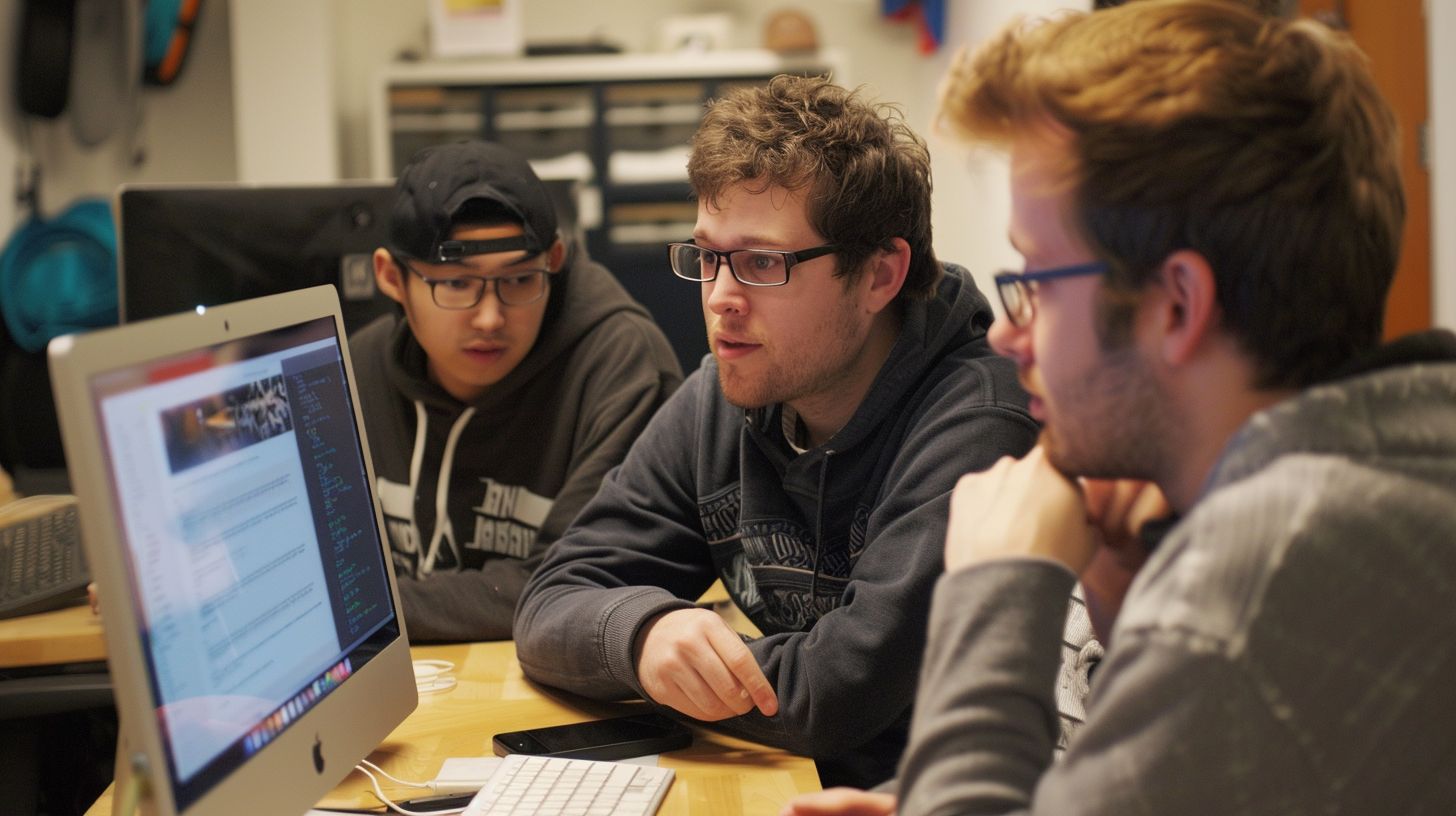 A team of developers collaborates on AngularJS code for web development. A team of developers collaborates on AngularJS code for web development.