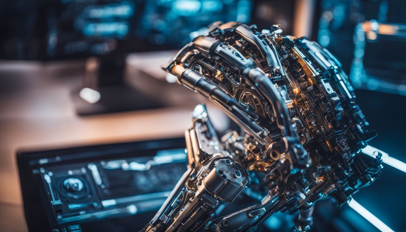 A futuristic robot arm surrounded by computer code and diverse faces. A futuristic robot arm surrounded by computer code and diverse faces.
