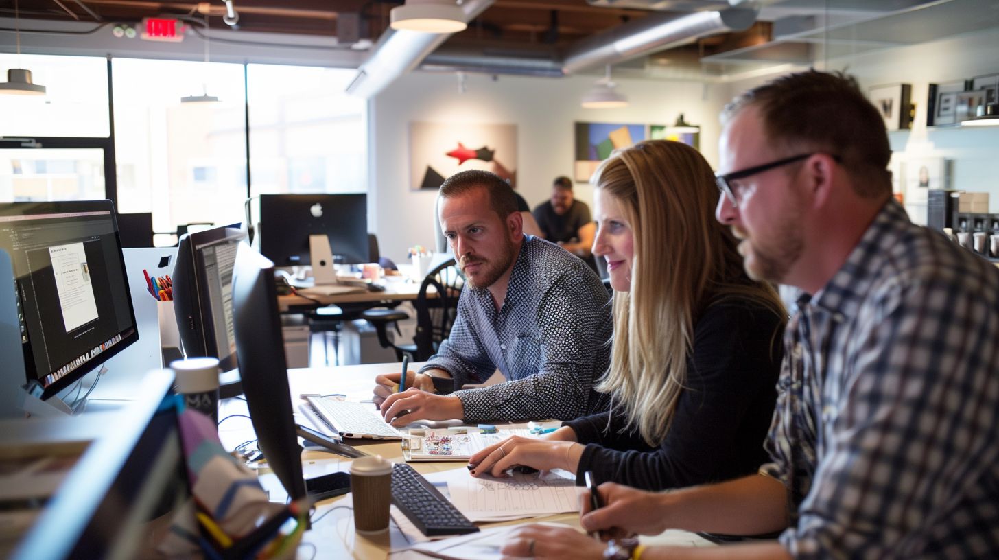 Office workers collaborate on website design in contemporary workspace.