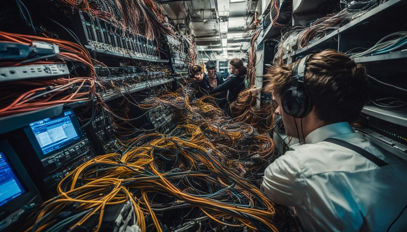 An intricate network of wires in a busy server room. An intricate network of wires in a busy server room.