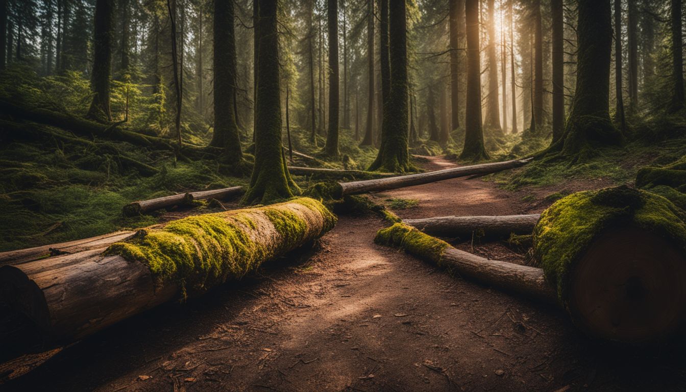 A forest path with fallen logs and a sign indicating 'Error Logging Trail'. A forest path with fallen logs and a sign indicating 'Error Logging Trail'.