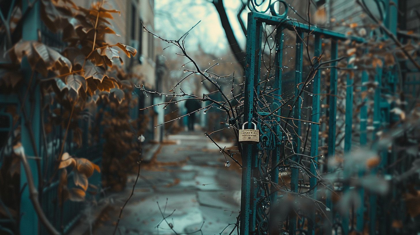 An overgrown gate with a padlock in a cityscape photograph. An overgrown gate with a padlock in a cityscape photograph.